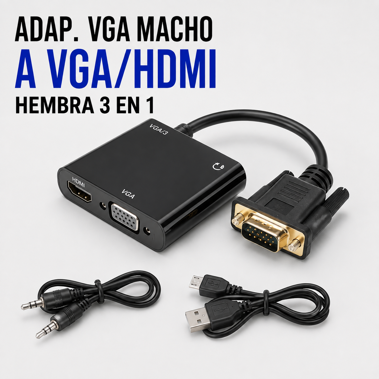 Adaptador VGA Macho a HDMI / VGA Hembra 3 en 1 con Audio