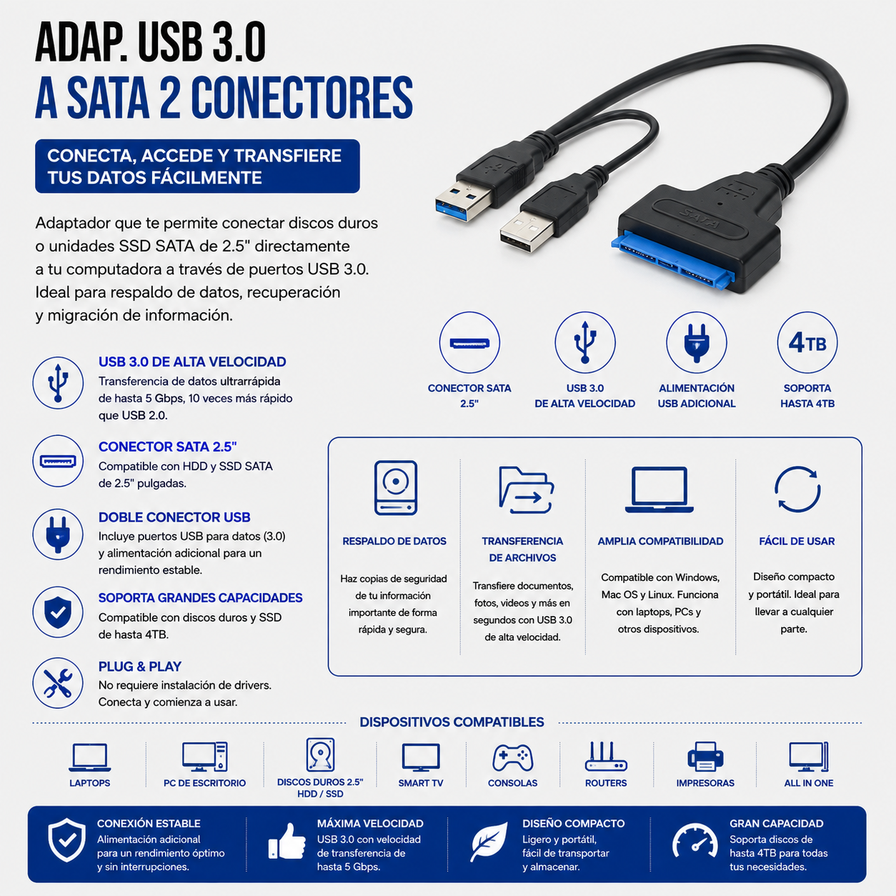 Adaptador USB 3.0 a SATA – 2 Conectores USB
