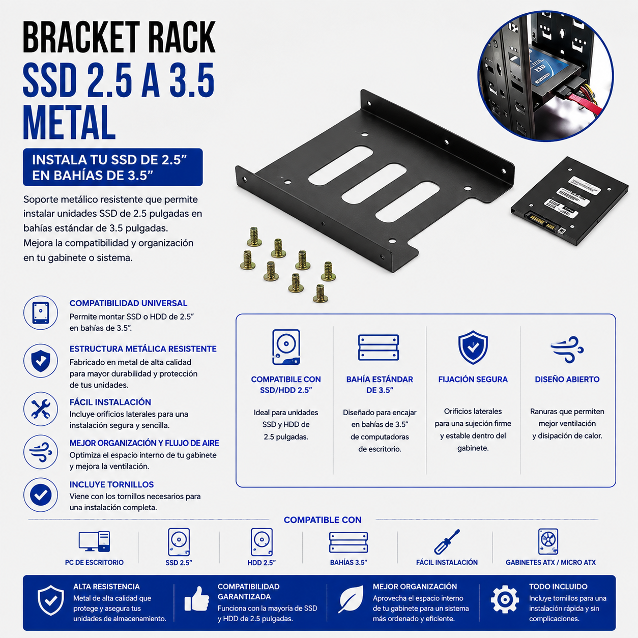 Bracket Metálico para SSD 2.5" a Bahía 3.5"
