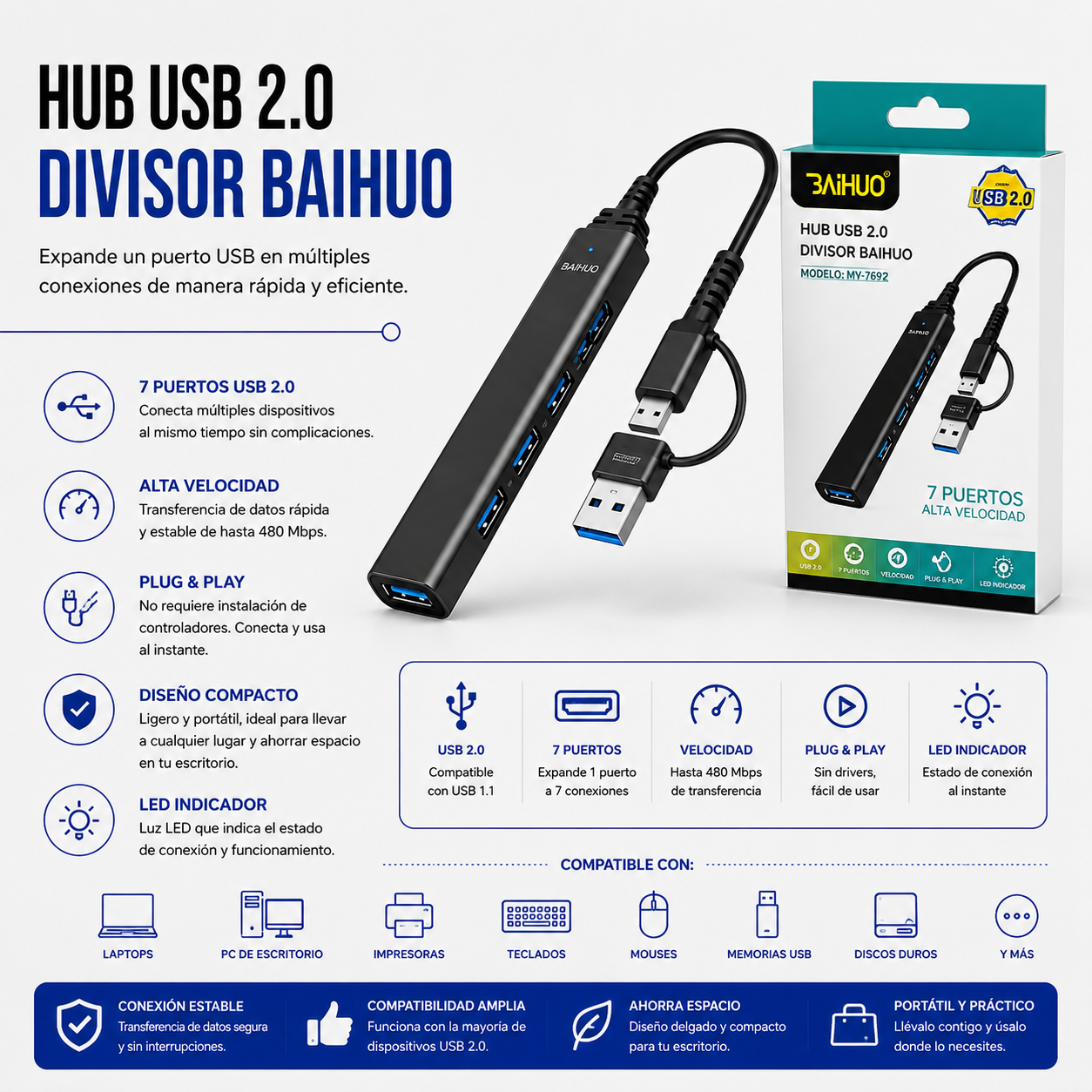 Hub USB Baihuo MY-7692 – 4 Puertos USB 3.0 con USB-A y USB Tipo-C