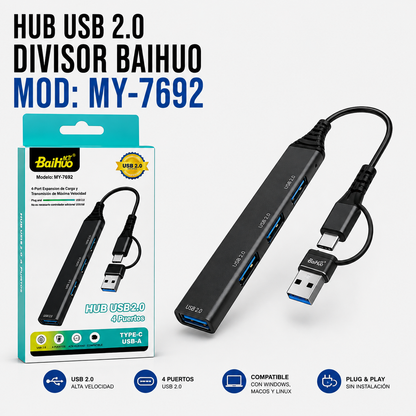 Hub USB Baihuo MY-7692 – 4 Puertos USB 3.0 con USB-A y USB Tipo-C