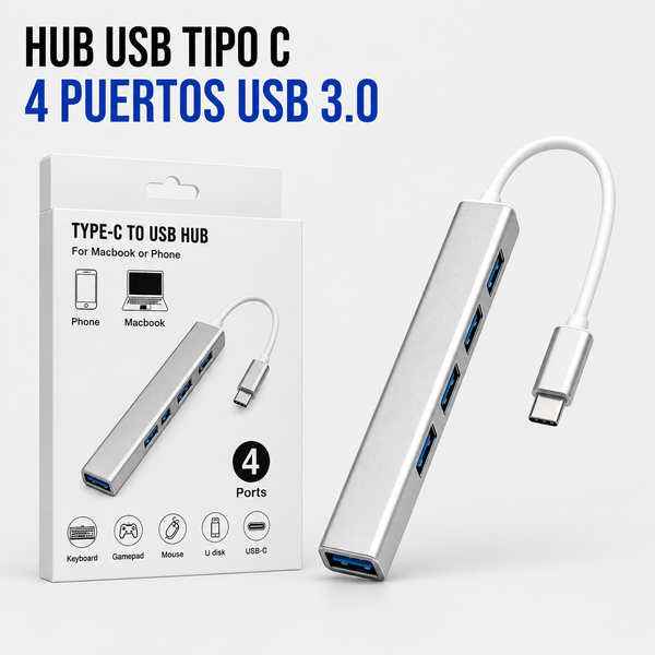 Hub USB 3.0 Tipo-C con Puerto LAN RJ45 y 3 Puertos USB – Carcasa de Aluminio