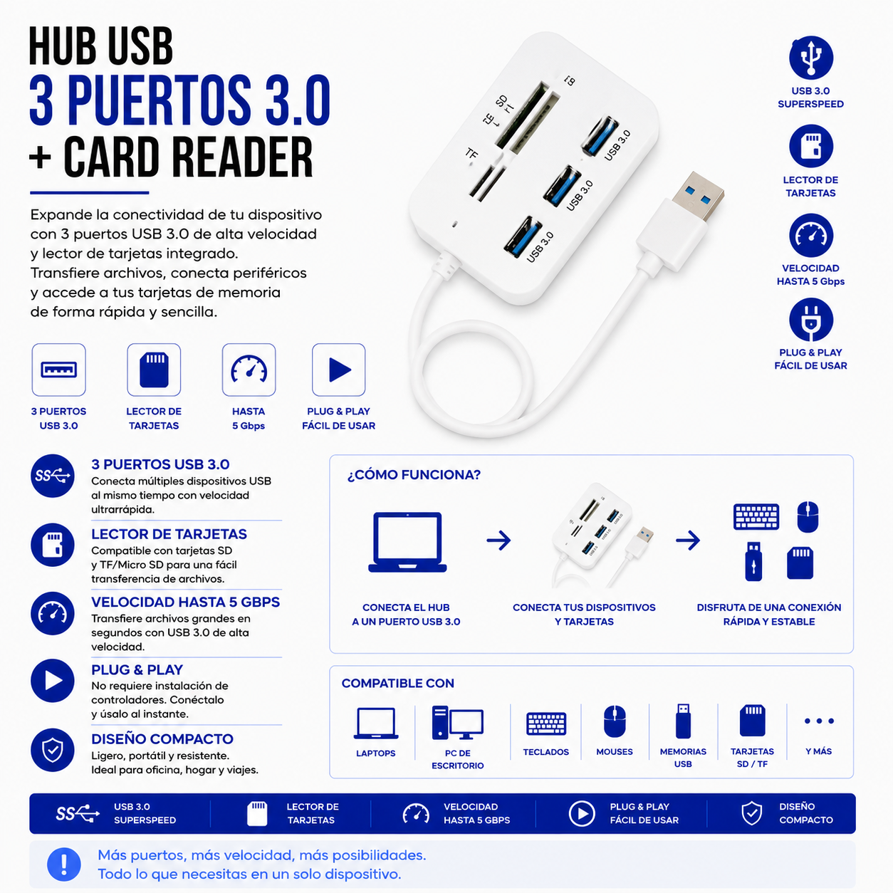 Hub USB 3.0 de 3 Puertos con Lector de Tarjetas SD y MicroSD