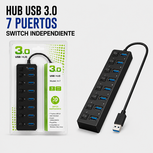 Hub USB 3.0 de 7 Puertos con Interruptores Independientes