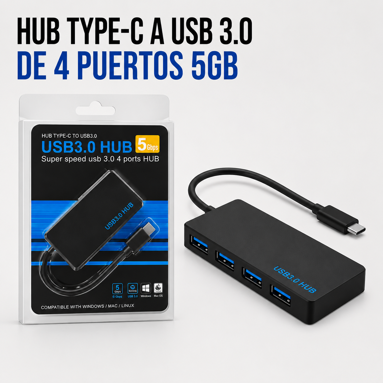 Hub USB Tipo-C a USB 3.0 de 4 Puertos – 5 Gbps