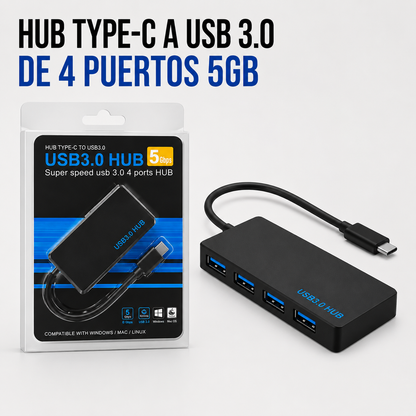 Hub USB Tipo-C a USB 3.0 de 4 Puertos – 5 Gbps