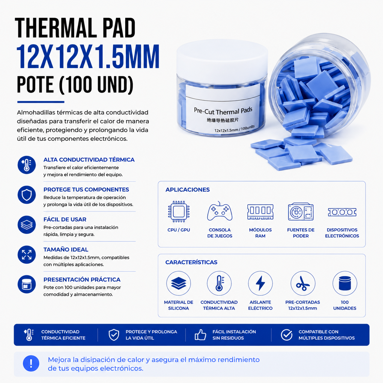 Thermal Pad 12 × 12 × 1.5 mm – Pote x 100 Unidades