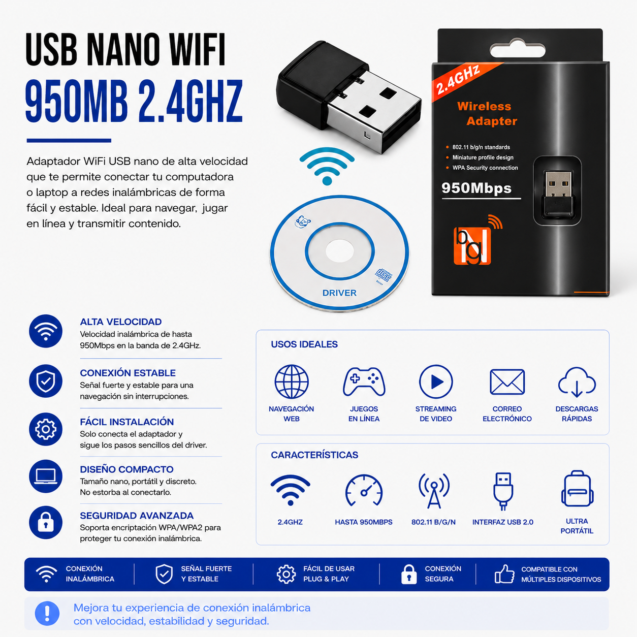Adaptador USB Nano WiFi 950 Mbps 2.4 GHz