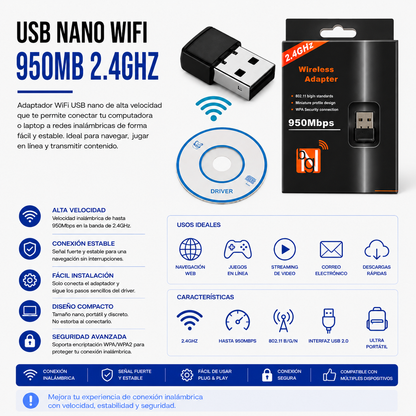 Adaptador USB Nano WiFi 950 Mbps 2.4 GHz
