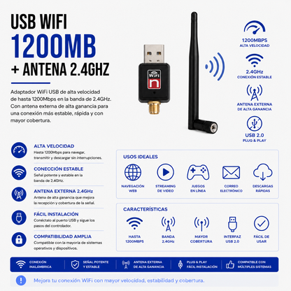 Adaptador USB WiFi 1200 Mbps con Antena Externa 2.4 GHz