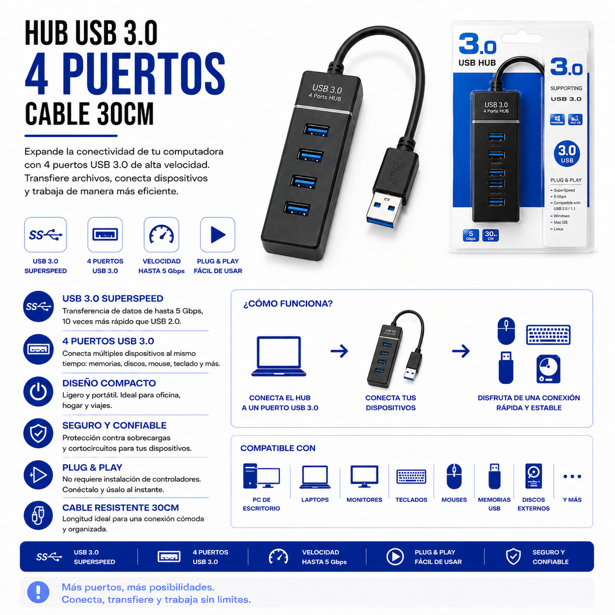 Hub USB 3.0 de 4 Puertos – Cable de 30 cm