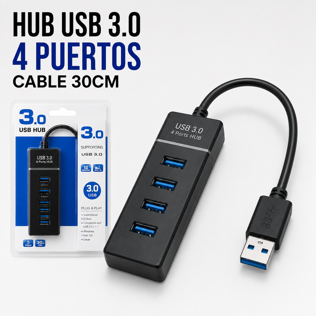 Hub USB 3.0 de 4 Puertos – Cable de 30 cm