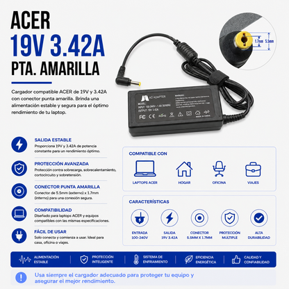 Cargador para Laptop Acer 19V 3.42A – Punta Amarilla