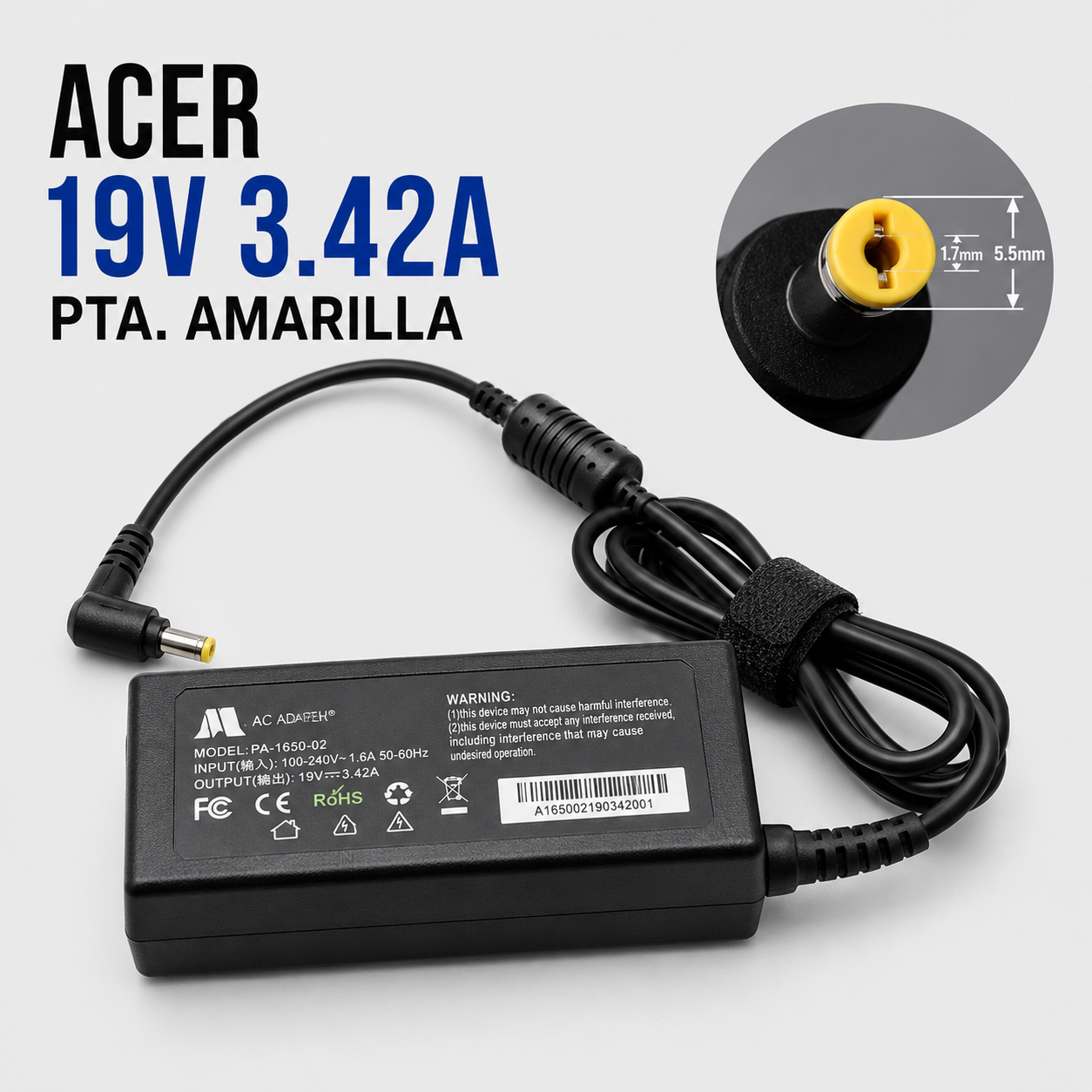 Cargador para Laptop Acer 19V 3.42A – Punta Amarilla