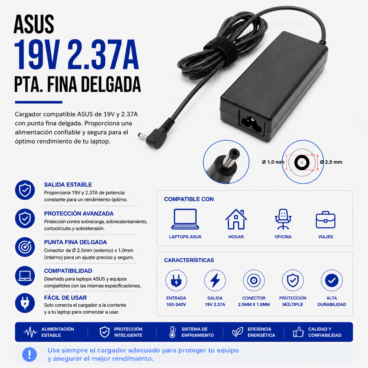 Cargador para Laptop ASUS 19V 2.37A – Punta Fina Delgada