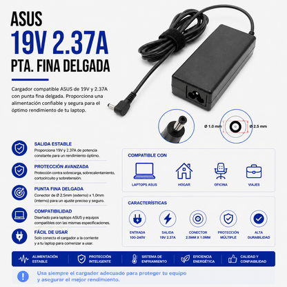 Cargador para Laptop ASUS 19V 2.37A – Punta Fina Delgada