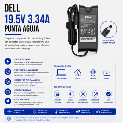 Cargador para Laptop Dell 19.5V 3.34A – Punta Aguja