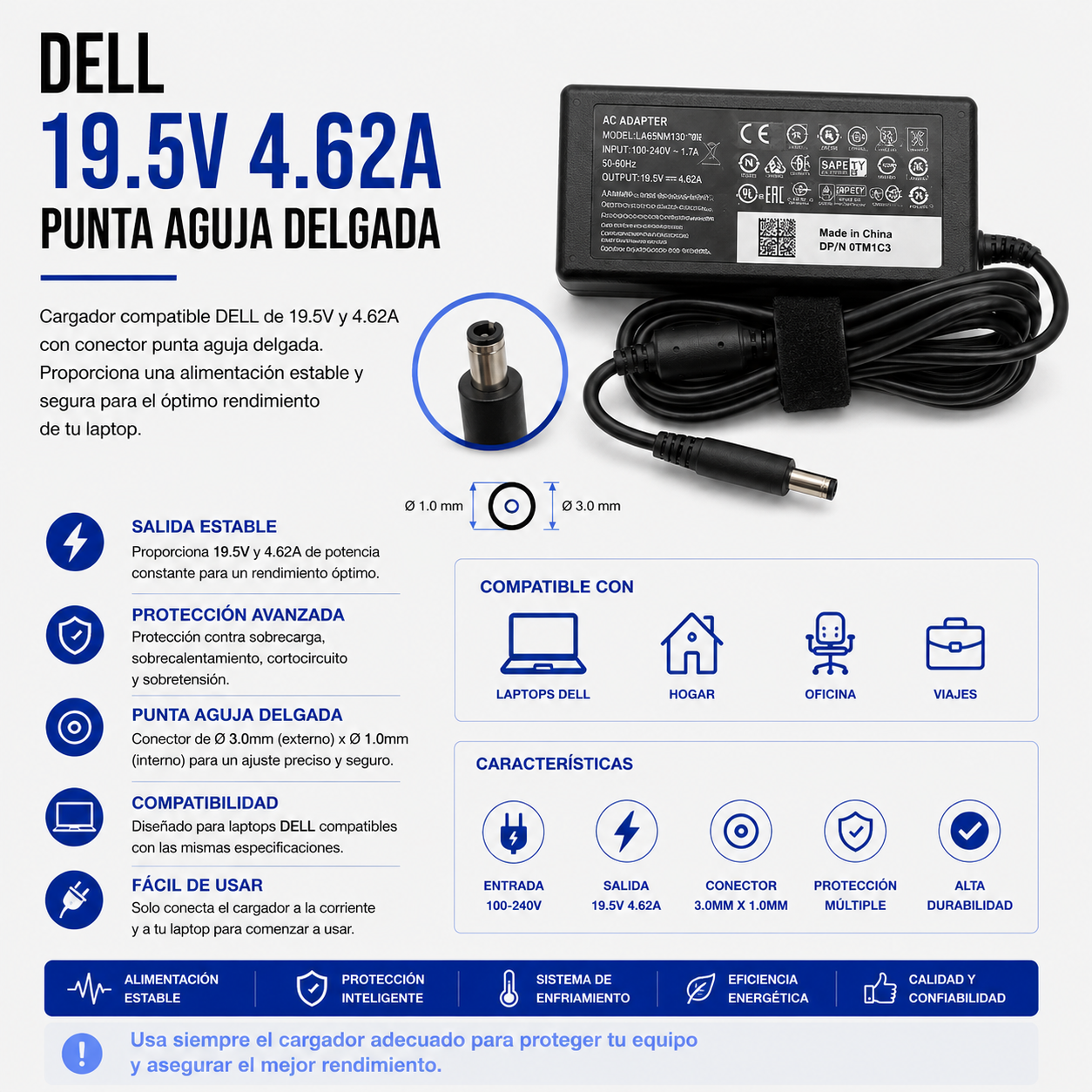 Cargador para Laptop Dell 19.5V 4.62A – Punta Aguja Delgada