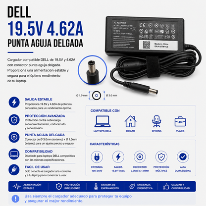 Cargador para Laptop Dell 19.5V 4.62A – Punta Aguja Delgada