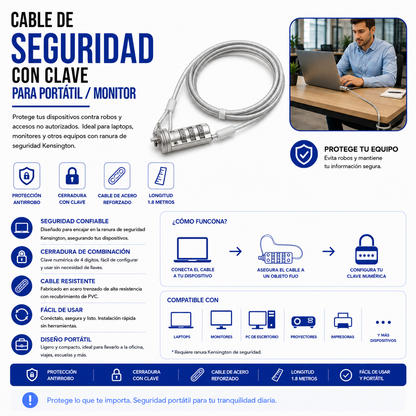 Cable de Seguridad con Llave para Portátil o Monitor