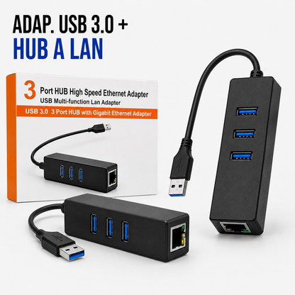 Adaptador USB 3.0 con Hub de 3 Puertos y Puerto LAN Gigabit