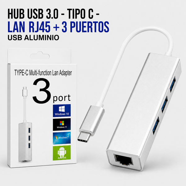 Hub USB 3.0 Tipo-C con Puerto LAN RJ45 y 3 Puertos USB – Carcasa de Aluminio