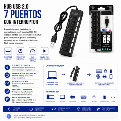 Hub USB 2.0 de 7 Puertos con Interruptores Individuales