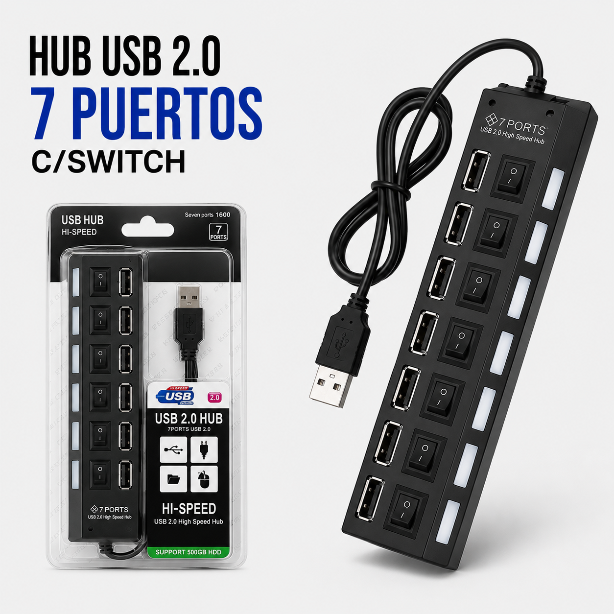 Hub USB 2.0 de 7 Puertos con Interruptores Individuales