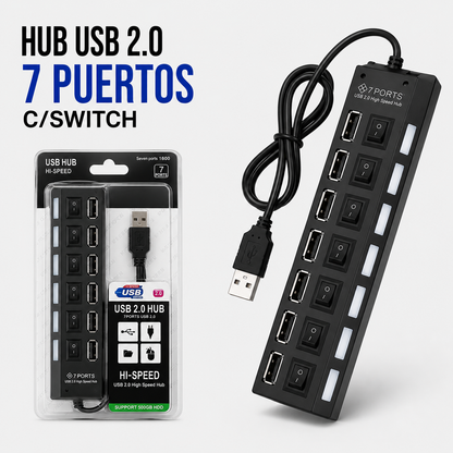 Hub USB 2.0 de 7 Puertos con Interruptores Individuales