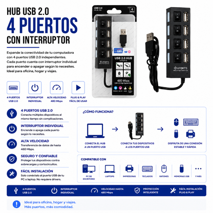 Hub USB 2.0 de 4 Puertos con Interruptores Individuales