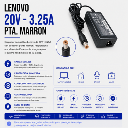 Cargador para Laptop Lenovo 20V 3.25A – Punta Marrón