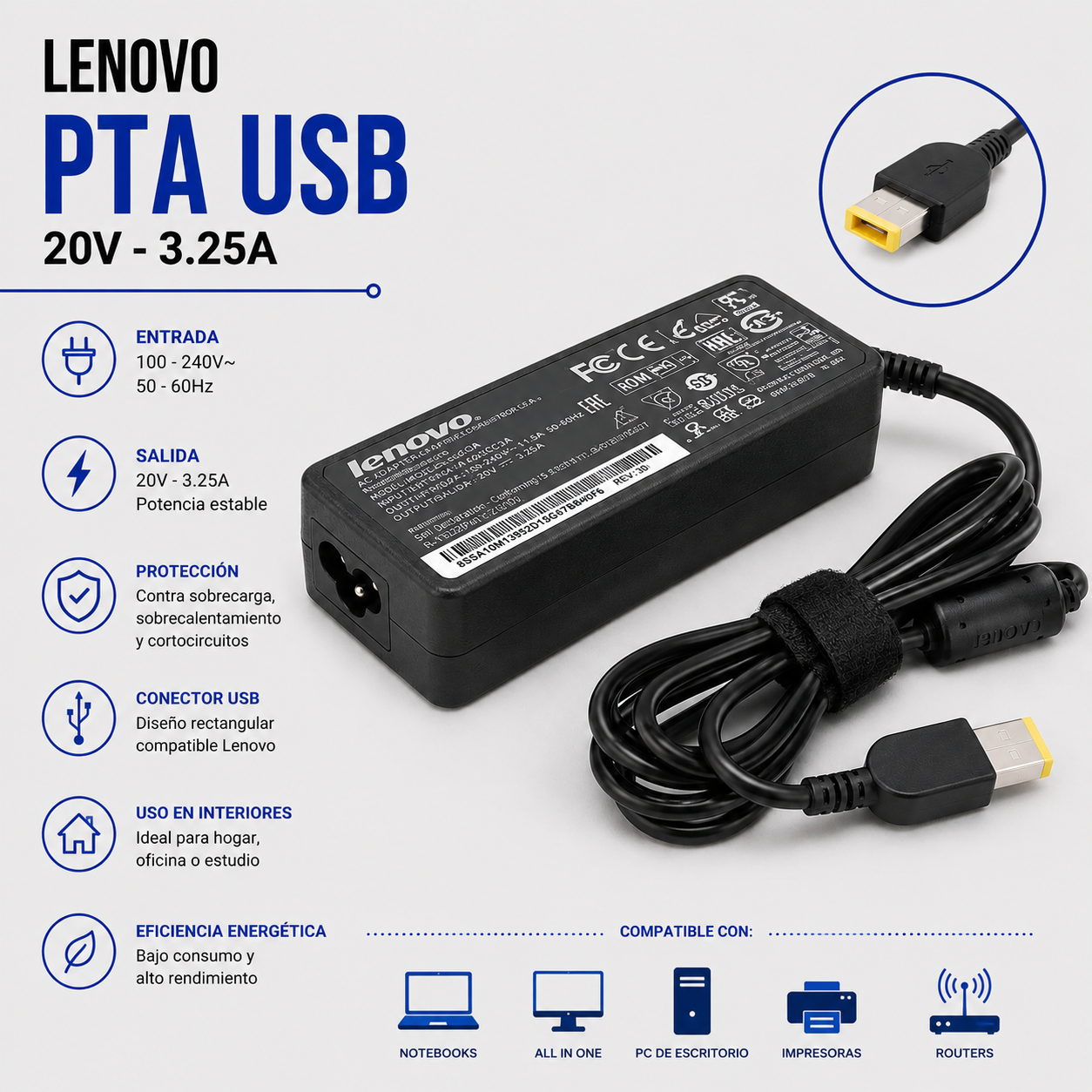 CARGADOR NB COMPATIBLE LEN 20V 3.25A PTA. USB