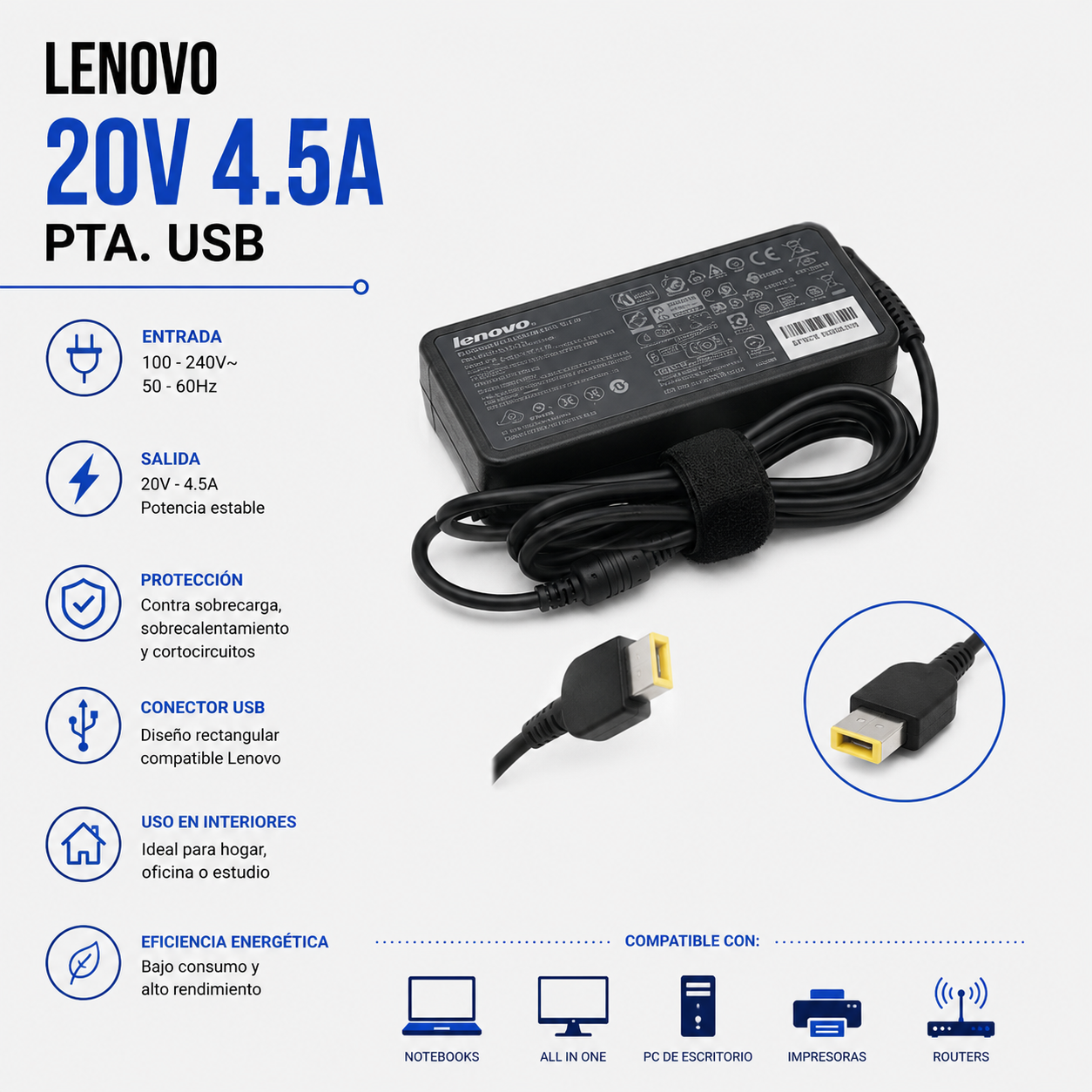 Cargador para Laptop Lenovo 20V 4.5A – Punta USB (Slim Tip)