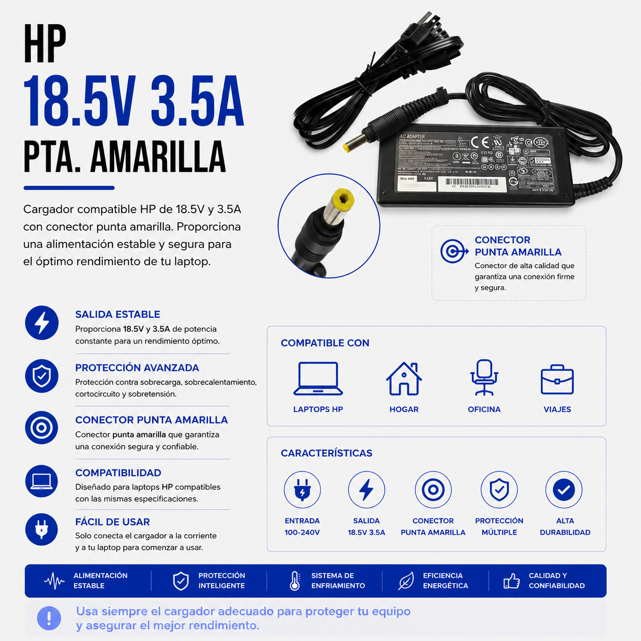 Cargador para Laptop HP 18.5V 3.5A – Punta Amarilla