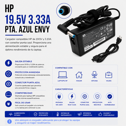 Cargador para Laptop HP 19.5V 3.33A – Punta Azul (HP Envy)