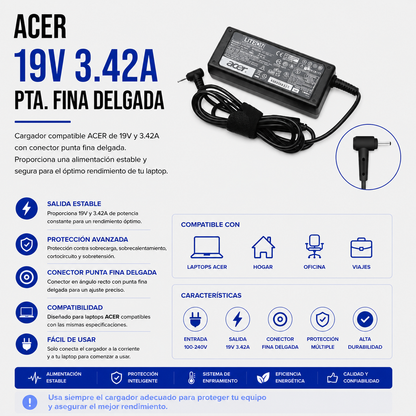 Cargador para Laptop Acer 19V 3.42A – Punta Fina Delgada