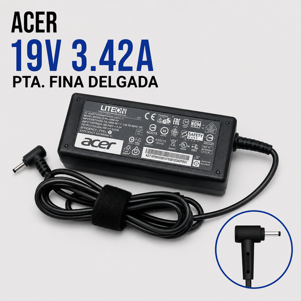 Cargador para Laptop Acer 19V 3.42A – Punta Fina Delgada
