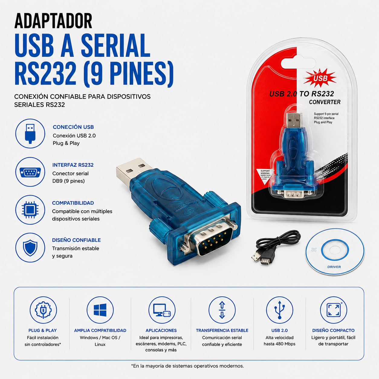 Adaptador USB a Serial RS232 (DB9 – 9 Pines)