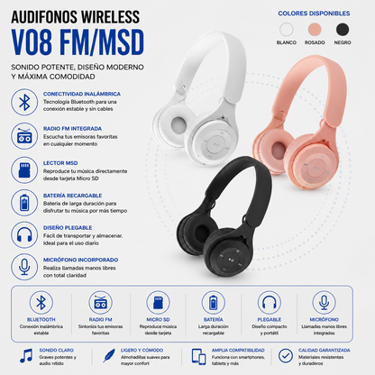 Audífonos Inalámbricos Bluetooth V08 con Radio FM y Reproductor MicroSD