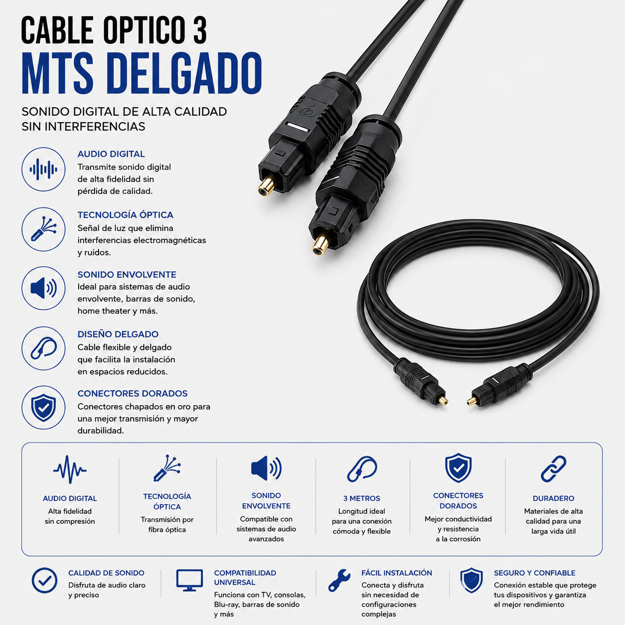 Cable Óptico Digital TOSLINK 3 Metros – Diseño Delgado