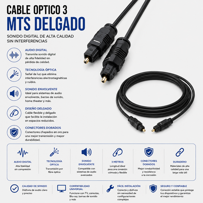Cable Óptico Digital TOSLINK 3 Metros – Diseño Delgado