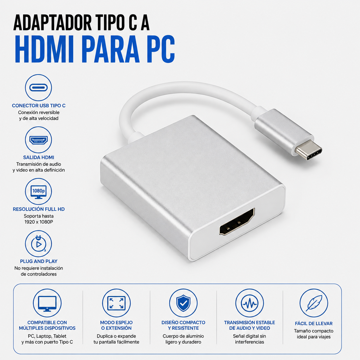 Adaptador USB Tipo-C a HDMI para PC