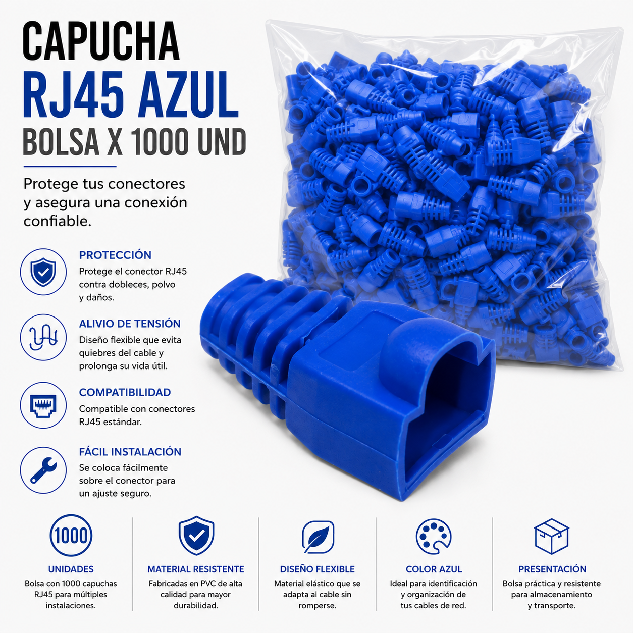 Capucha RJ45 Azul – Bolsa x 1000 Unidades