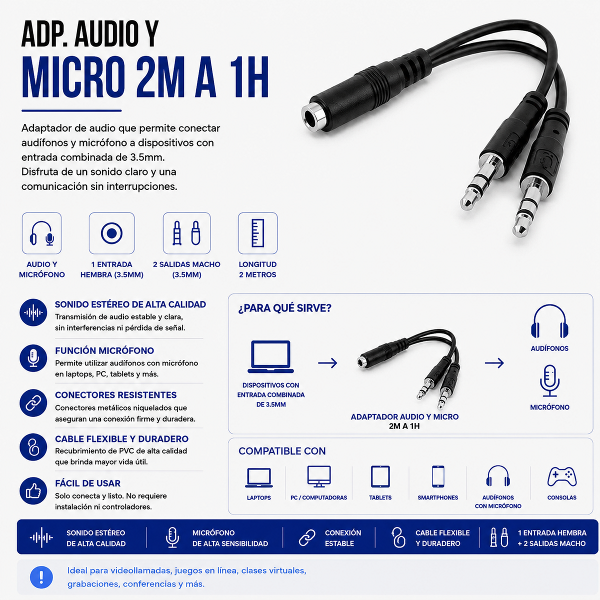 Adaptador de Audio y Micrófono 2 Machos a 1 Hembra 3.5 mm