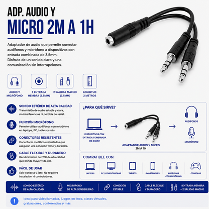 Adaptador de Audio y Micrófono 2 Machos a 1 Hembra 3.5 mm