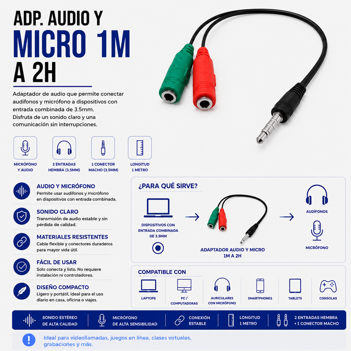 Adaptador de Audio y Micrófono 3.5 mm 1 Macho a 2 Hembras