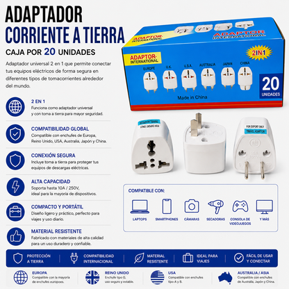 Adaptador de Corriente Universal con Tierra – Caja x 20 Unidades