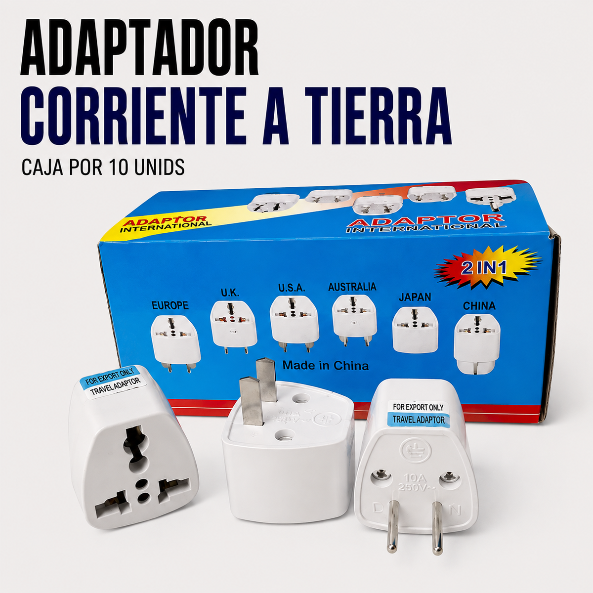 Adaptador de Corriente Universal con toma aTierra – Caja x 10 Unidades