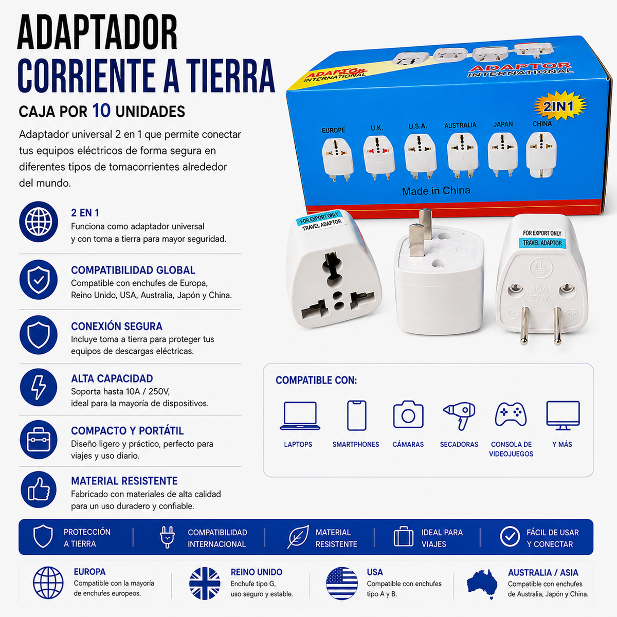 Adaptador de Corriente Universal con toma aTierra – Caja x 10 Unidades