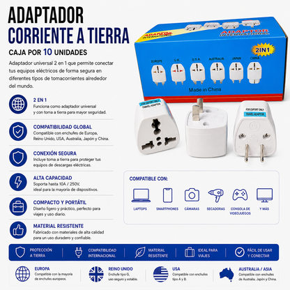 Adaptador de Corriente Universal con toma aTierra – Caja x 10 Unidades